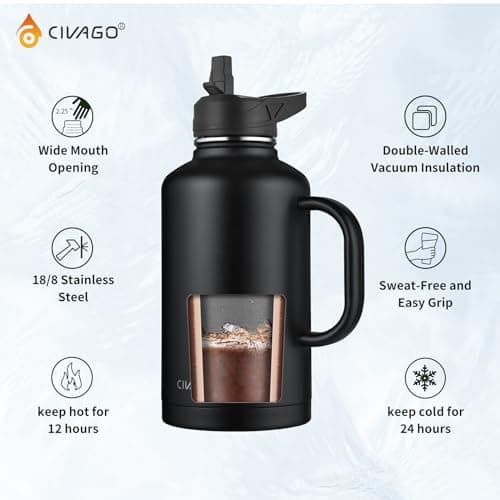 CIVAGO 64 oz Insulated Water Bottle with Straw & Handle, Black