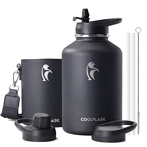 Coolflask 128 oz Insulated Water Bottle with PU Sleeve, Polar Black, Color Contrast Straw Lid — Polar Black