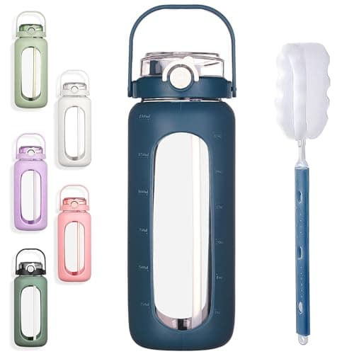 BLUEGO 64oz Large Glass Water Bottle with Straw & Time Marker, White — Dark Blue