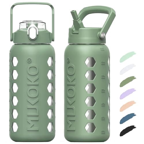 MUKOKO 64oz Glass Water Bottle with Straws & Silicone Sleeve — Olive