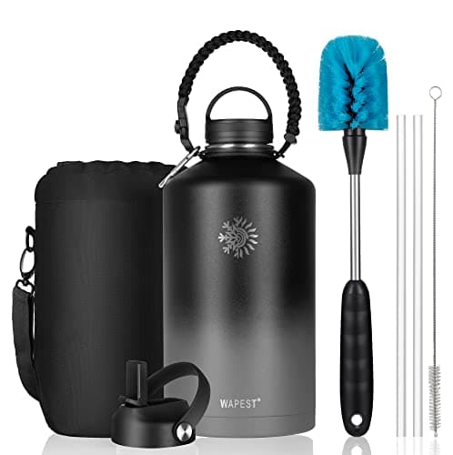 Black & Grey 128 oz Double Wall Stainless Steel Water Bottle with Paracord Handle & Brush, Carrying Pouch & 2 Lids - Gre