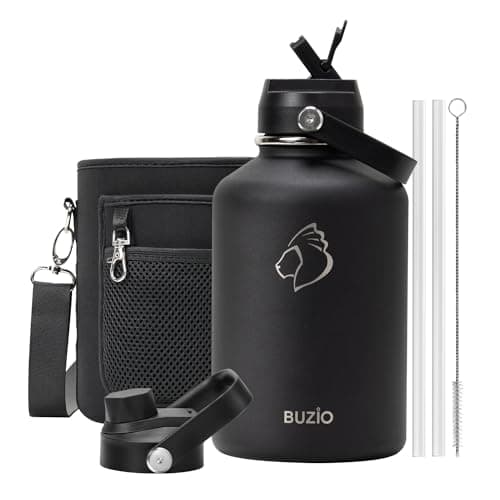 Buzio 64 oz Insulated Water Bottle, Stainless Steel, Straw Lid, Carry Case, Cold 48h, Lead-Free, Indigo Crush — Black