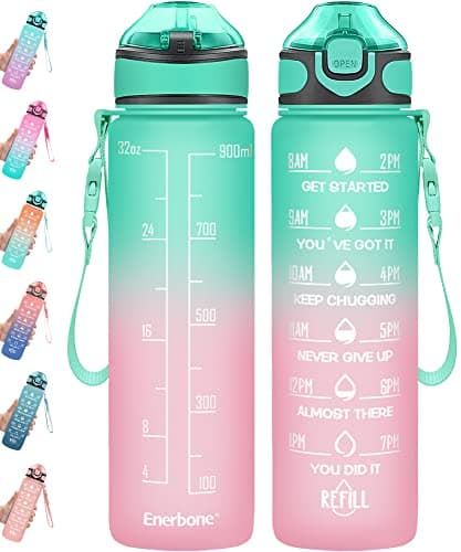 Enerbone 32 oz Motivational Drinking Water Bottle with Straw & Timer, Fitness Gym Outdoor — Green Pink