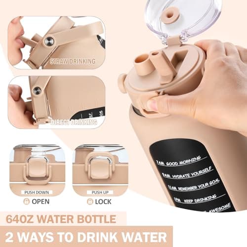 BLUEGO 64oz Insulated Straw Water Bottle, Leakproof Gym Bottle-Amber