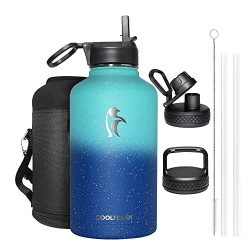 Coolflask Insulated Water Bottle, 64 oz Wide Mouth, Straw & 3 Lids, Keeps Cold 48H, Hot 24H, Samurai Cyan — Glacier Blue