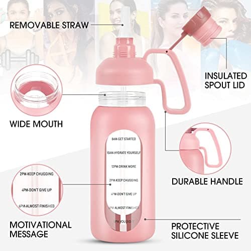 Aqulea Glass Water Bottle - 64 Oz, Straw, Pregnancy Tracker, Leakproof Gym Bottle with Sleeve