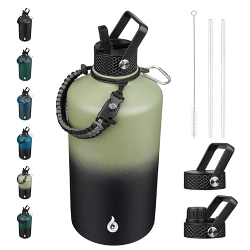 BJPKPK Insulated Water Bottles, Half Gallon, Straw Lid, 64oz, 128oz, Paracord Handle, Stainless Steel — Camp Green & Black