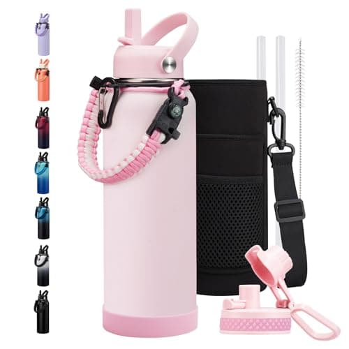 128oz Insulated Stainless Steel Water Bottle - Auto Chug Lid, Straw, Bag, Paracord Handle — Light Pink