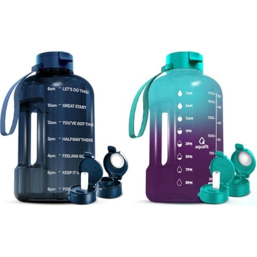 AQUAFIT 2 Pack - 1 Gallon and 64 oz Water Bottles with Time Marker and Straw - BPA Free Gym Hydration Bottles