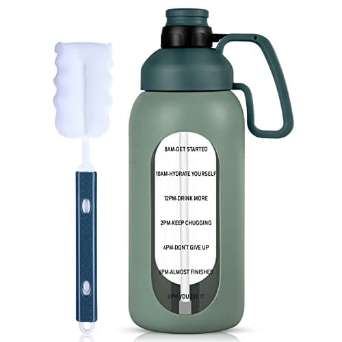 Aqulea Glass Water Bottle - 64 Oz, Straw, Pregnancy Tracker, Leakproof Gym Bottle with Sleeve — Olive