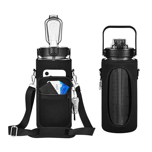 Motivational Straw Water Bottle, BPA Free, 64 Oz (Pink/Blue) — Clear-black/ black sleeve