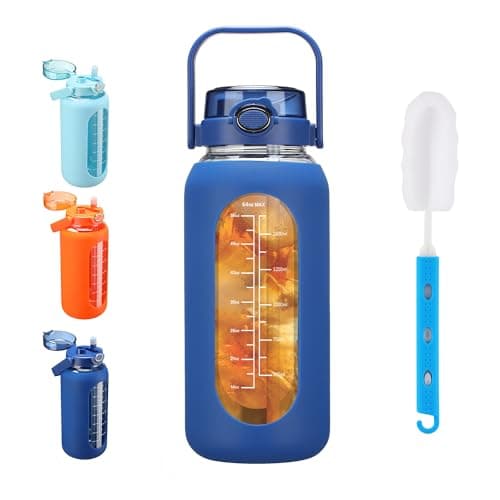 Sierozur 64oz Glass Water Bottle with Straw Lid & Handle Motivational Sleeve Workout Jug — Dark Blue