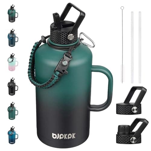 BJPKPK Insulated Water Bottles, Half Gallon, Straw Lid, 64oz, 128oz, Paracord Handle, Stainless Steel — Army Green & Black