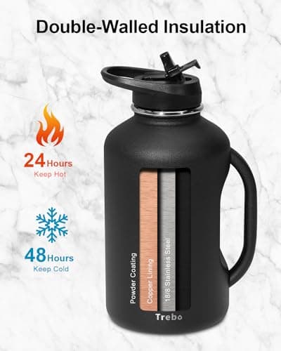 Trebo Double Wall Insulated 64oz Water Bottle with Straw Lid,Black