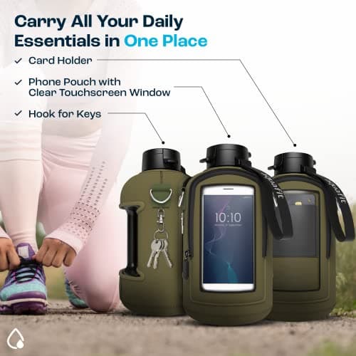 64 oz Water Bottle with Time Marker and Carrying Sleeve - BPA Free Gym Bottle for Exercise (Olive)