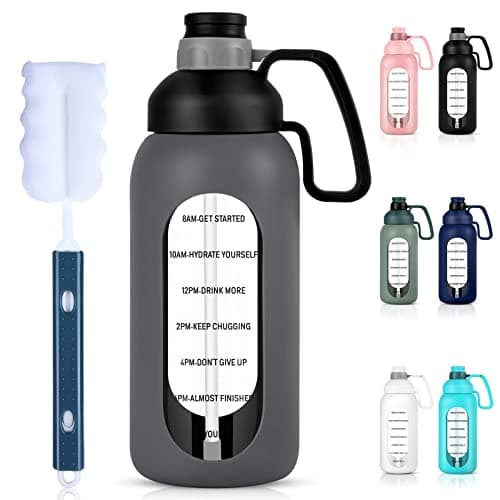 Aqulea Glass Water Bottle - 64 Oz, Straw, Pregnancy Tracker, Leakproof Gym Bottle with Sleeve — Grey