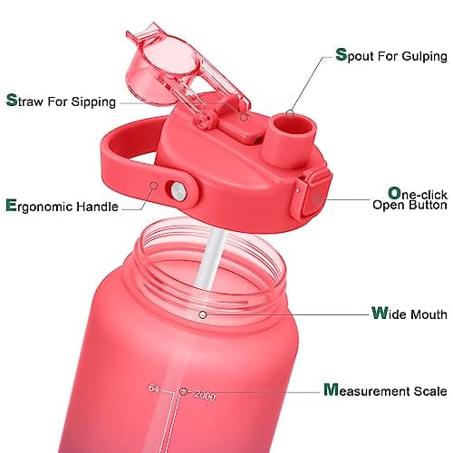 Motivational Half Gallon Water Bottles with 2 Straws and Time Marker