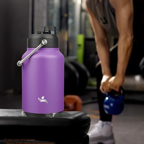 64 oz Insulated Double Wall Stainless Steel Water Bottle with Handle, Purple