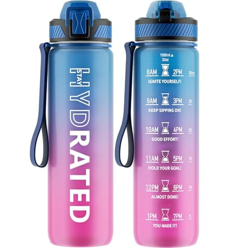 32oz Tritan BPA Free Water Bottle with Straw and Time Marker for Fitness — Blue Purple
