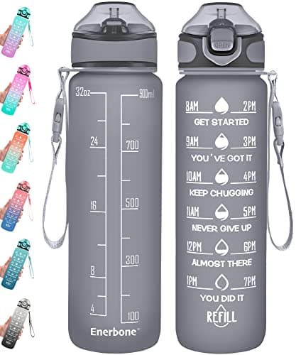 Enerbone 32 oz Motivational Drinking Water Bottle with Straw & Timer, Fitness Gym Outdoor — Black Cloud