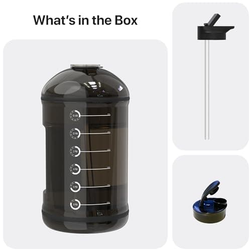 1 Gallon Water Bottle Jug with Straw & Spout Lid, Handle, Time Marker, BPA Free, 128oz (Black)