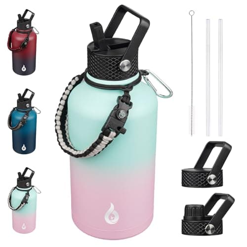BJPKPK Insulated Water Bottles, Half Gallon, Straw Lid, 64oz, 128oz, Paracord Handle, Stainless Steel