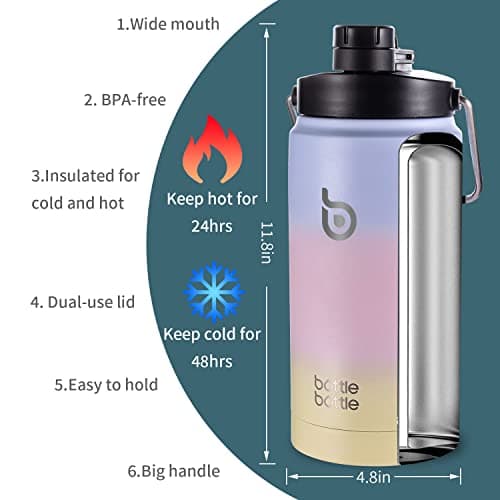 Insulated Water Bottle 64 oz Straw Dual-Use Lid Purple Pink Yellow