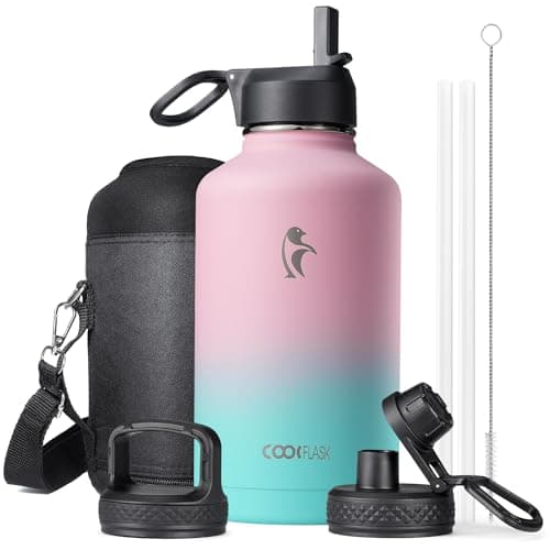Coolflask Insulated Water Bottle, 64 oz Wide Mouth, Straw & 3 Lids, Keeps Cold 48H, Hot 24H, Samurai Cyan — Bubblegum Princess
