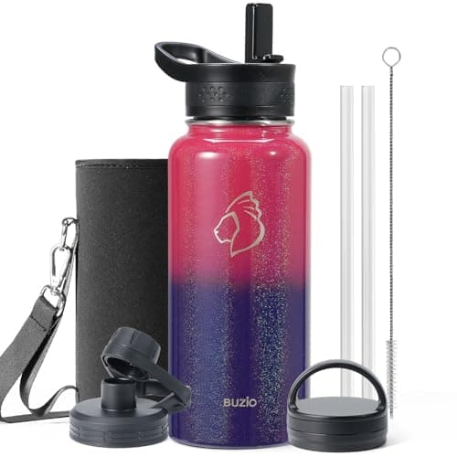 Buzio 64 oz Insulated Water Bottle, Cold Proof 48 Hrs, Stainless Steel, Indigo Crush — Pearlescent Red Black