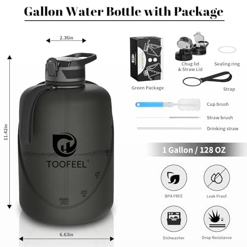 TOOFEEL 1 Gallon BPA Free Water Bottle with Straw & Chug Lid - Black