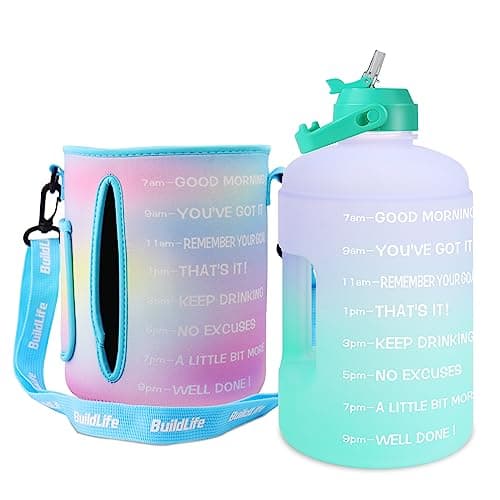 1 Gallon Water Bottle with Straw and Time Marker - Leak-Proof BPA Free Reusable Large Capacity Water Jug — QFC7 Purple/Green Gradient with Sleeve