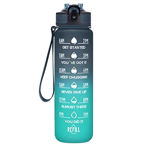 Hyeta 32 oz Motivational Water Bottle with Time Marker, Leakproof Fitness Bottle — Navy-Blue-Green