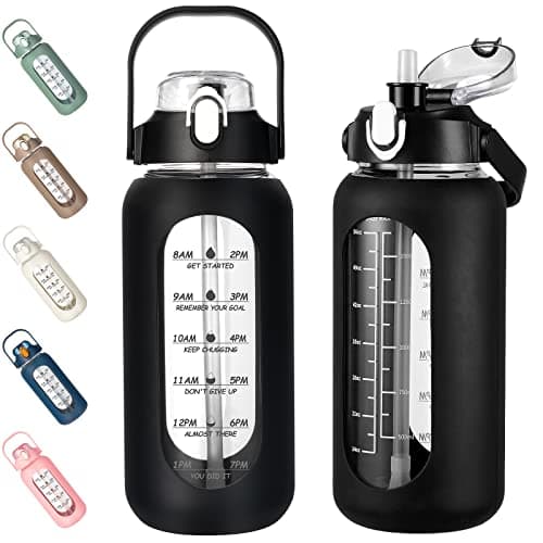 Motivational 64oz Glass Water Bottle with Straw, Silicone Sleeve & Time Marker, Leakproof White Jug for Gym, Home, Offic — Black
