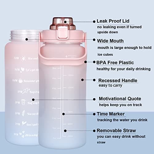 Motivational Straw Water Bottle, BPA Free, 64 Oz (Pink/Blue)