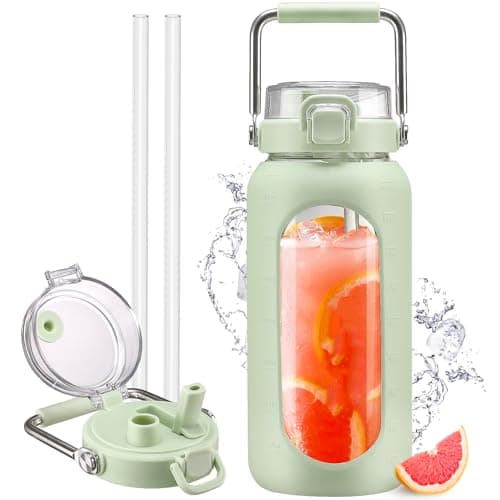 Motivational 64oz Glass Water Bottle with Straw and Stainless Handle