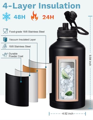 Insulated 64oz Water Bottle with Straw Lid, Keeps Cold 48 Hours