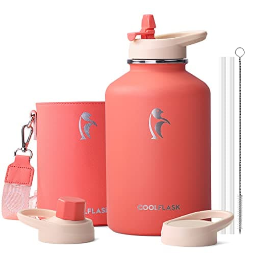 Coolflask 128 oz Insulated Water Bottle with PU Sleeve, Polar Black, Color Contrast Straw Lid — Coral Orange