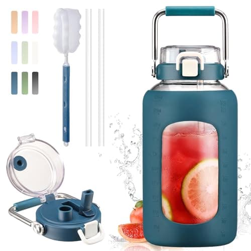 BLUEGO 84oz BPA Free Glass Water Bottle with Stainless Steel Handle and Silicone Sleeve — Dark Blue
