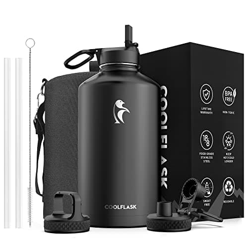 Coolflask Insulated Water Bottle, 64 oz Wide Mouth, Straw & 3 Lids, Keeps Cold 48H, Hot 24H, Samurai Cyan — Magic Black