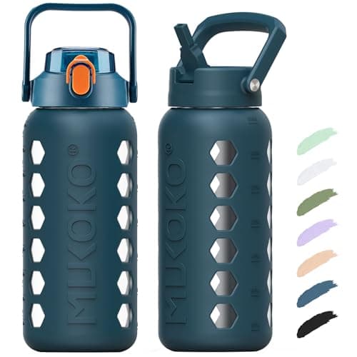 MUKOKO 64oz Glass Water Bottle with Straws & Silicone Sleeve — Blue