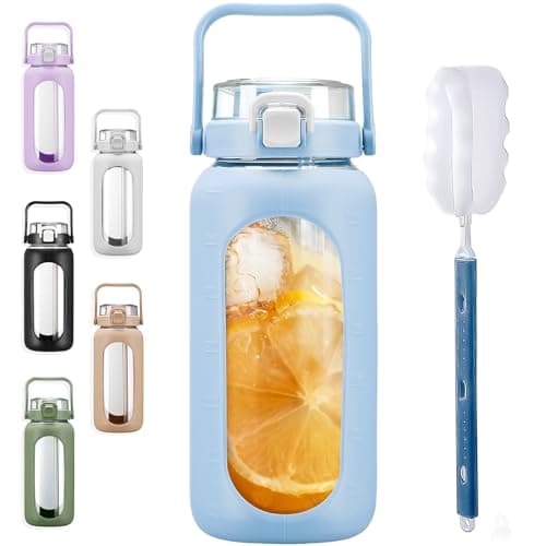 BLUEGO 64oz Large Glass Water Bottle with Straw & Time Marker, White — Light Blue
