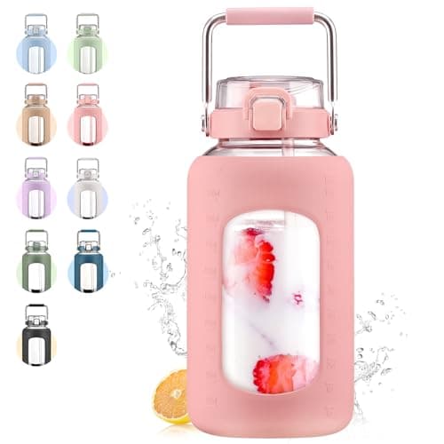 Dark Blue 84oz Glass Water Bottle with Stainless Steel Handle — Pink