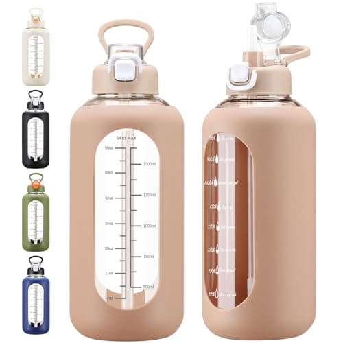 Large 64 oz Motivational Water Bottle with Straw & Time Marker — Khaki