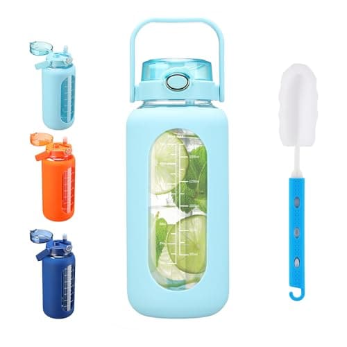 Sierozur 64oz Glass Water Bottle with Straw Lid & Handle Motivational Sleeve Workout Jug — Sky Blue