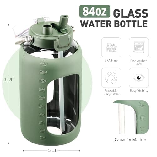 Olive 84oz Glass Water Bottle, Stainless Steel Handle, Motivational Markers, Gym Workout Jug