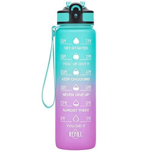 Hyeta 32 oz Motivational Water Bottle with Time Marker, Leakproof Fitness Bottle — Green-Purple