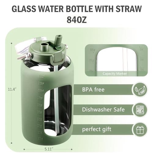 BLUEGO 84oz BPA Free Glass Water Bottle with Stainless Steel Handle and Silicone Sleeve