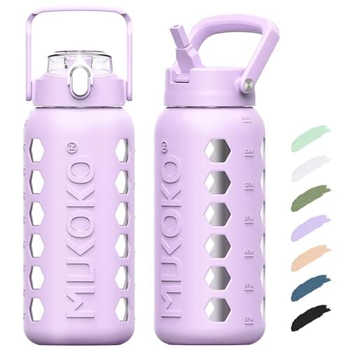 MUKOKO 64oz Glass Water Bottle with Straws & Silicone Sleeve — Purple