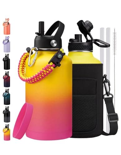 128 oz Insulated Stainless Steel Water Bottle, Keep Cold 48H, Leak-Proof Lid & Paracord Handle — Yellow Rose-red