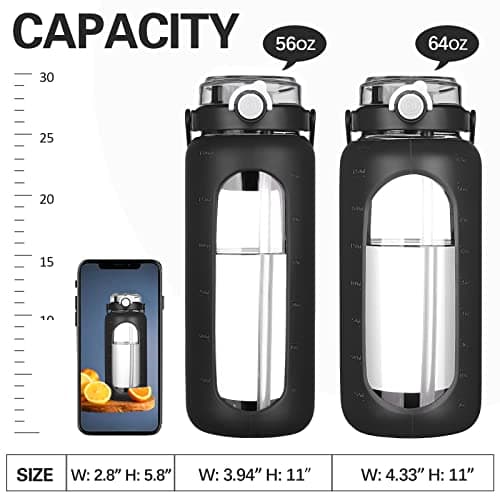 BLUEGO 64oz Glass Water Bottle with Straw & Time Marker, Black